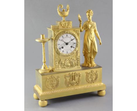 A second quarter of the 19th century French ormolu mantel clock, modelled with an allegorical female figure of study, the sil