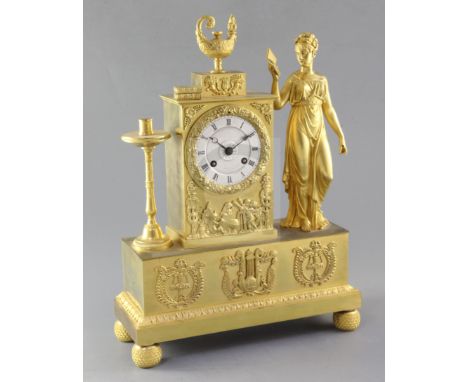 A second quarter of the 19th century French ormolu mantel clock, modelled with an allegorical female figure of study, the sil