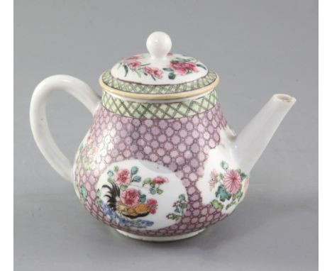 A Chinese famille rose pear shaped teapot and cover, Yongzheng period (1723-35), the teapot painted with oval reserves of coc