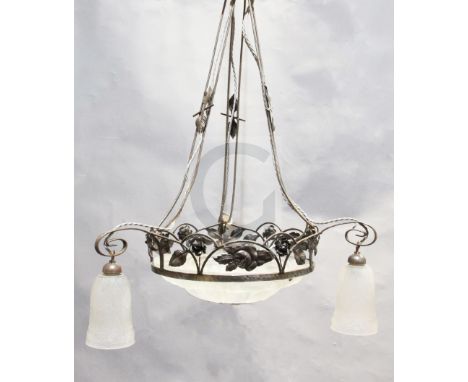 A 1930's French wrought iron and frosted glass light fitting drop 2ft 10in.