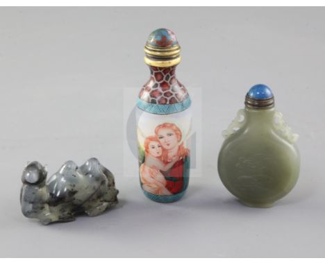 A Chinese celadon jade snuff bottle, an agate model of a camel and an enamelled glass snuff bottle, the jade snuff bottle of 