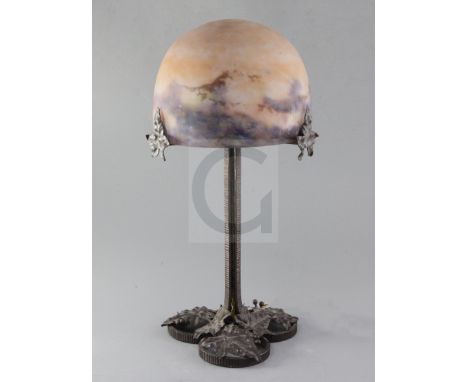 A Muller Freres mottled glass and wrought iron domed table lamp, signed in the glass, 16.5in.