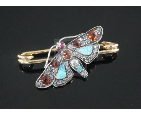 A late Victorian style gold, white opal, rose cut diamond and gem set bug bar brooch, modelled as a moth, bug 31cm