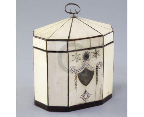 A George III inlaid ivory and tortoiseshell tea caddy, the central cartouche bordered with mother of pearl swags, width 5.25i