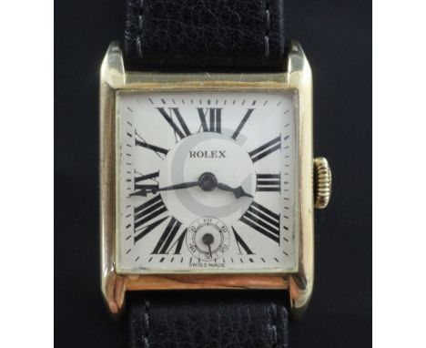 A gentleman's early 1930's 9ct gold Rolex manual wind wrist watch, with square Roman dial and subsidiary seconds, the case ba