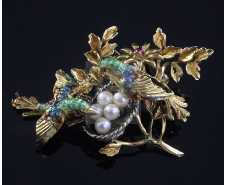 An early 1960's 18ct gold, enamel and cultured pearl set 'birds nest' brooch, with two enamelled birds and nest amid foliage,