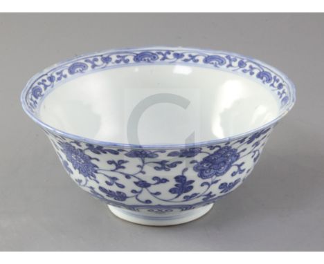 A Chinese Ming style blue and white bowl, Qianlong seal mark and of the period (1736-95), the interior painted with central f