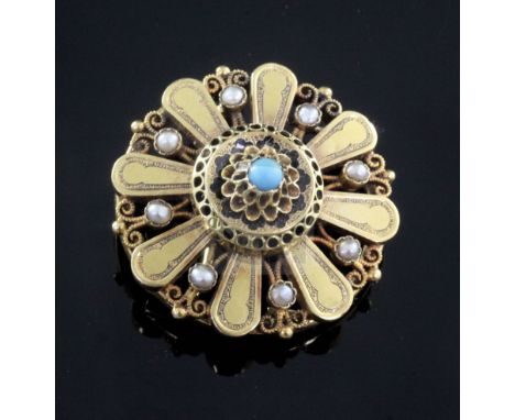 A gold, seed pearl and turquoise set circular pendant brooch, 34mm.