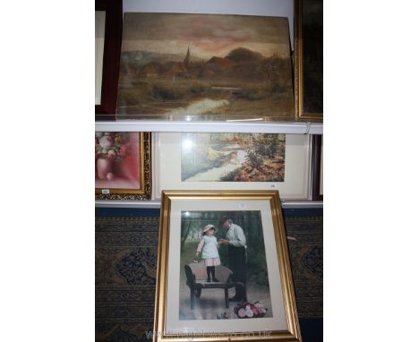A framed Print of a Garden Scene unsigned together with a Print of a gentleman removing a thorn out of a young girl's finger