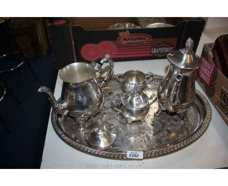 A large metal Tray with Teaset including teapot, water jug, sugar bowl and milk jug