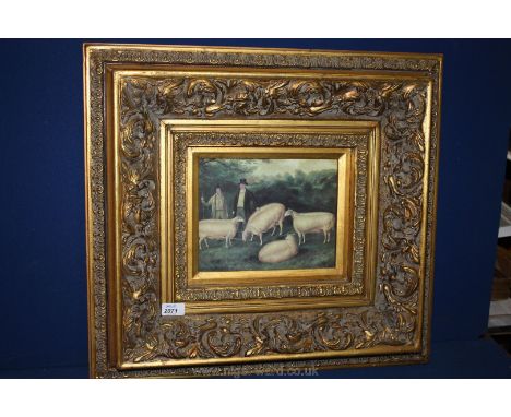 A reproduction framed Print of primitive sheep in a heavy, gilt frame