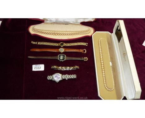 Two cased faux pearl necklaces and a quantity of ladies wristwatches including Rotary and Lorus, etc