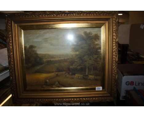 An unsigned ornate framed Print of men harvesting corn