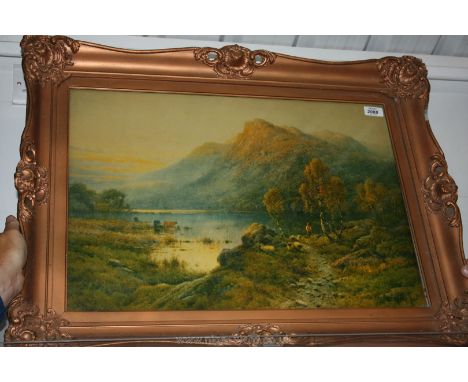 A large ornate framed Print of Highland Cattle drinking from a Loch and a shepherd moving his sheep along the path, indistinc