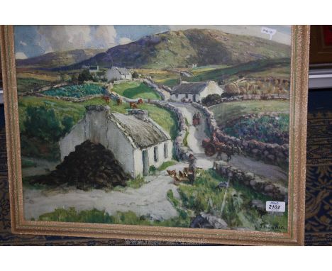 A framed and glazed Print after J.H. Craig of an Irish village with cattle and figures