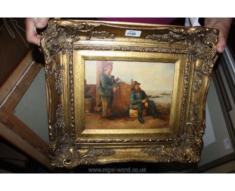 An ornate framed Print depicting two fishermen, one repairing nets