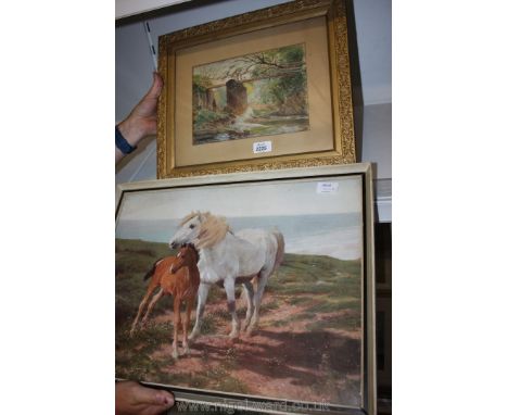 A Print of two horses and a Watercolour of bridge over river