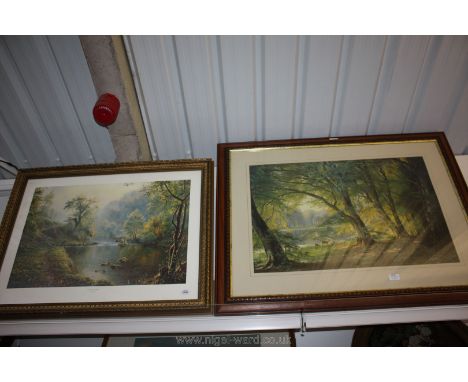 A large framed Print: Peaceful Retreat by Rex Preston together with an unsigned Print of Deer resting by banks of river near 