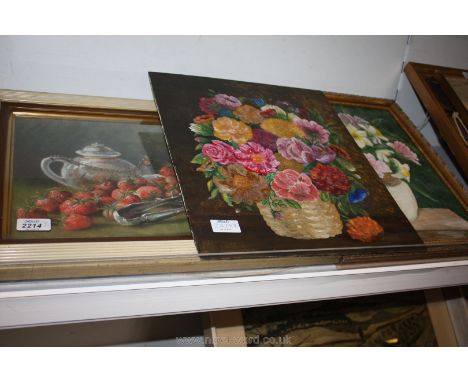 A Pastel drawing of a Still Life with strawberries and teapot, indistinctly signed lower right, an Oil on board Still Life of