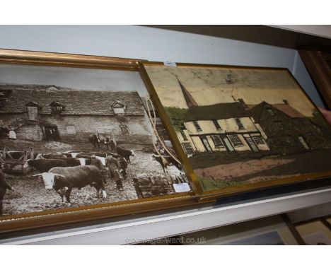A Batik Painting by Ann E. Beal depicting houses in Grosmont with church steeple together with a framed black and white Print