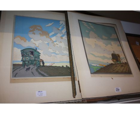 Two Woodcuts by Hall Thorpe signed, one haymakers and one caravan print