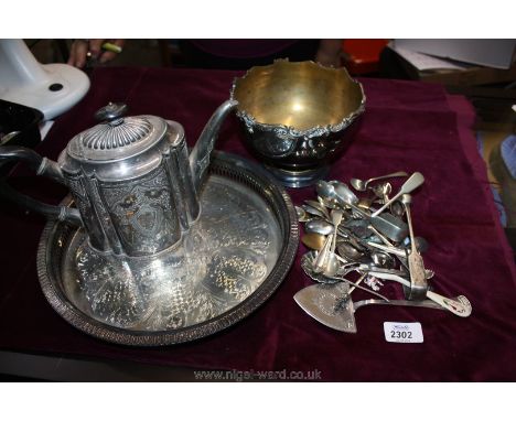 A small box of silver plate including teapot, tray, bowl, spoons, etc