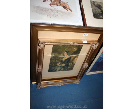 A Print of a Victorian young lady, possibly young Queen Victoria, in plain frame and one other gilt frame