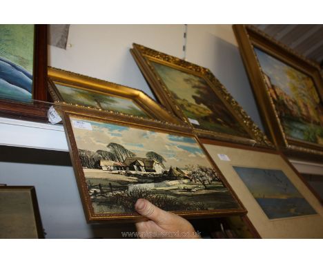 A quantity of pictures to include an old print on board of a horse with dog and sheep, a Peter Scot print, a Rowland Hilder p