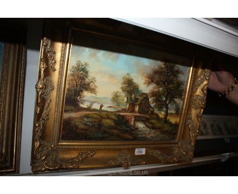 An ornately framed Oil on board depicting a man returning to a thatched Homestead carrying a scythe over his shoulder, signed