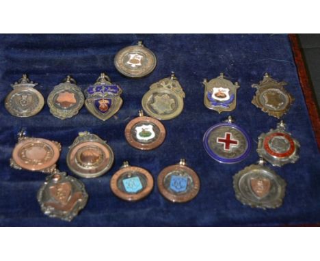 Sport -Derbyshire Football - a collection of silver presentation medal fobs, many gold coloured metal and enamel mounted, inc