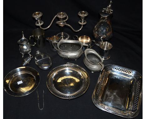 A late Victorian oval hip flask, glass liner;  EPNS claret jug, entree dish, candelabra, part tea sets, swing handle fruit bo