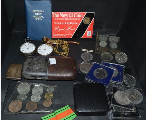 A late Victorian silver pocket watch; another; a hip flask; Defense medal; commemorative coins