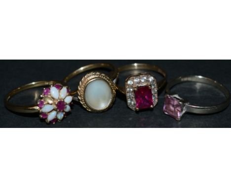 Rings - a 9ct white gold pink Cz solitaire dress ring;  others floral cluster, oval mother of pearl, etc, all 9ct gold mounts