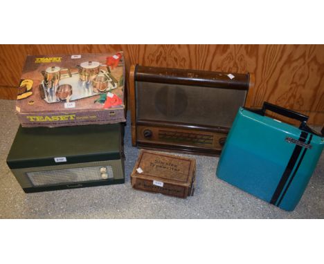 A Dansette Minor record player; a Ferguson valve radio; retro portable typewriter; stainless steel tea set, boxed; etc (5)