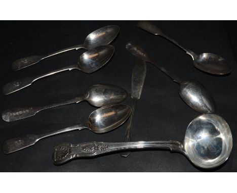 A set of six Victorian silver tea spoons, Newcastle, c.1850; a silver sauce ladle, London 1877; a silver preserve knife, Birm