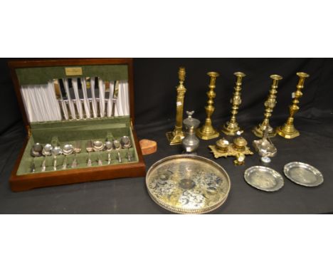 Metalware - a pair of Victorian brass ejector candlesticks; another pair similar; a spelter novelty trinket tray modelled as 