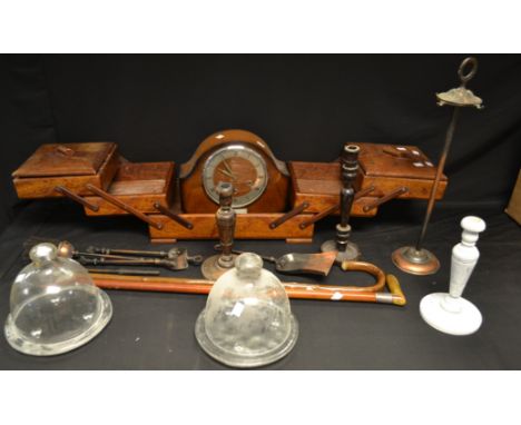 A Smith's mantel clock; a mid 20th century mahogany folding sewing box; a silver collared walking stick; a pair of glass chee