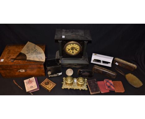 Boxes and Objects - a brass ink stand, Summit pen, burr wood sewing box with mother of pearl inlay and accessories, Victorian