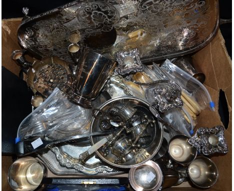 Plated Ware - a two-handled galleried tray, candelabrum, goblets, ladle, flatware, knife rests, napkin rings, etc qty 