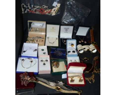 Costume and other jewellery including lady's Rotary white metal wristwatch, bark effect; others similar; a quantity of silver