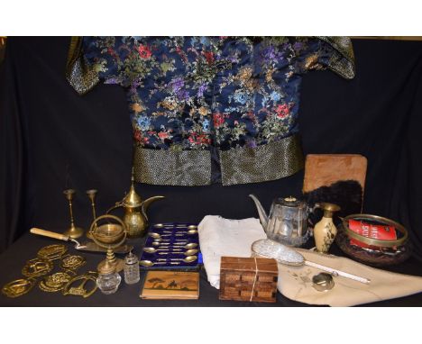 Boxes and Objects - Jerusalem olive wood photograph frame; Victorian silver plated teapot; flatware; Eastern brass trays; pla