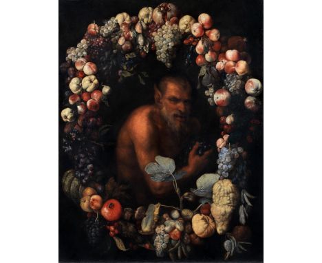 Bedeutender römischer Caravaggist der ersten Hälfte des 17. JahrhundertsFRÜCHTEGIRLANDE MIT SATYRÖl auf Leinwand. Doubliert.1