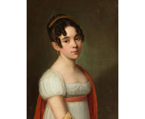 RUSSISCHE SCHULE UM 1800PORTRAIT EINES ELEGANTEN MÄDCHENSÖl auf Leinwand.63,5 x 52 cm.In vergoldetem dekorativem Rahmen.Vor h