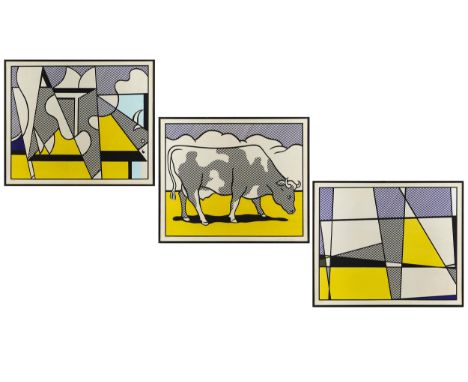 Roy Lichtenstein, 1923 New York – 1997 ebendaCOW GOING ABSTRACT, 1982Serie von drei Farbserigrafien auf Papier, auf Holz.Sich