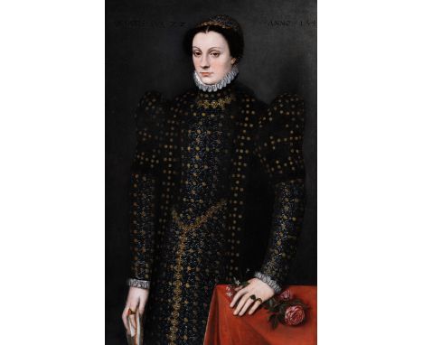 Spanischer Maler des 16. JahrhundertsBILDNIS EINER DAME MIT HALSKRAUSEÖl auf Leinwand. Doubliert.109 x 68,5 cm.Bezeichnet „AE