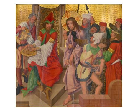 Meister von Guebwiller, tätig um 1490Oberrheinischer MeisterCHRISTUS VOR PONTIUS PILATUSÖl auf Holz.89,6 x 97,8 cm.In teilver