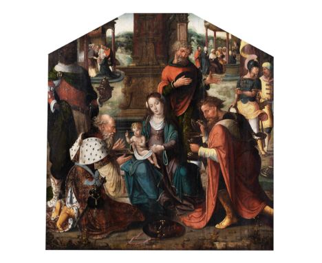 Pieter Coecke van Aelst d. Ä.,1502/07 – 1550, zug.DIE ANBETUNG DER HEILIGEN DREI KÖNIGEÖl auf Holz. Parkettiert.150 x 148 cm.