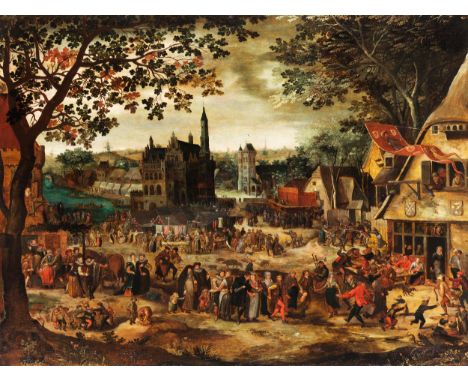 David Vinckboons, 1576 Mechelen – 1629 Amsterdam, zug.DORFKIRMES MIT DEM STADTHAUS VON OUDENAARDE IM HINTERGRUNDÖl auf Holz. 