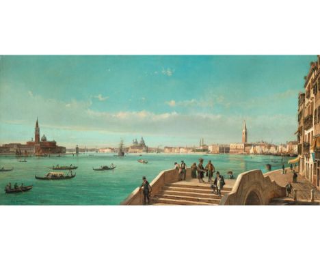 Luigi Querena, 1820 – 1887 VenedigPANORAMABLICK VON DER RIVA DEGLI SCHIAVONI AUF VENEDIGÖl auf Leinwand.46 x 94 cm.Signiert u