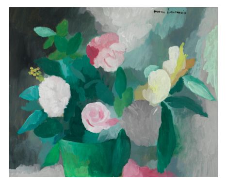 Marie Laurencin, 1883 Paris – 1956 ebendaVASE DE FLEURS SUR UN ENTABLEMENT, UM 1940Öl auf Leinwand.50 x 61 cm.Rechts oben sig